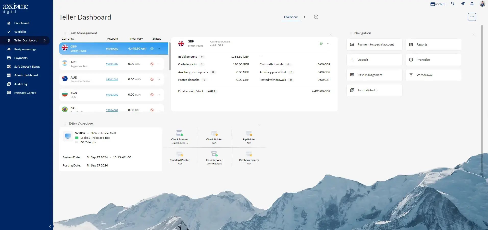 Axxiome Digital Teller dashboard showcasing real-time cash management, currency balances, and teller operations. Includes navigation options for deposits, withdrawals, reports, and more.